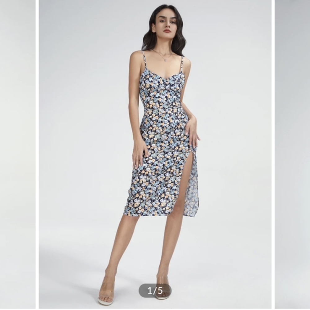 Commense Sweetheart Floral Slit Dress